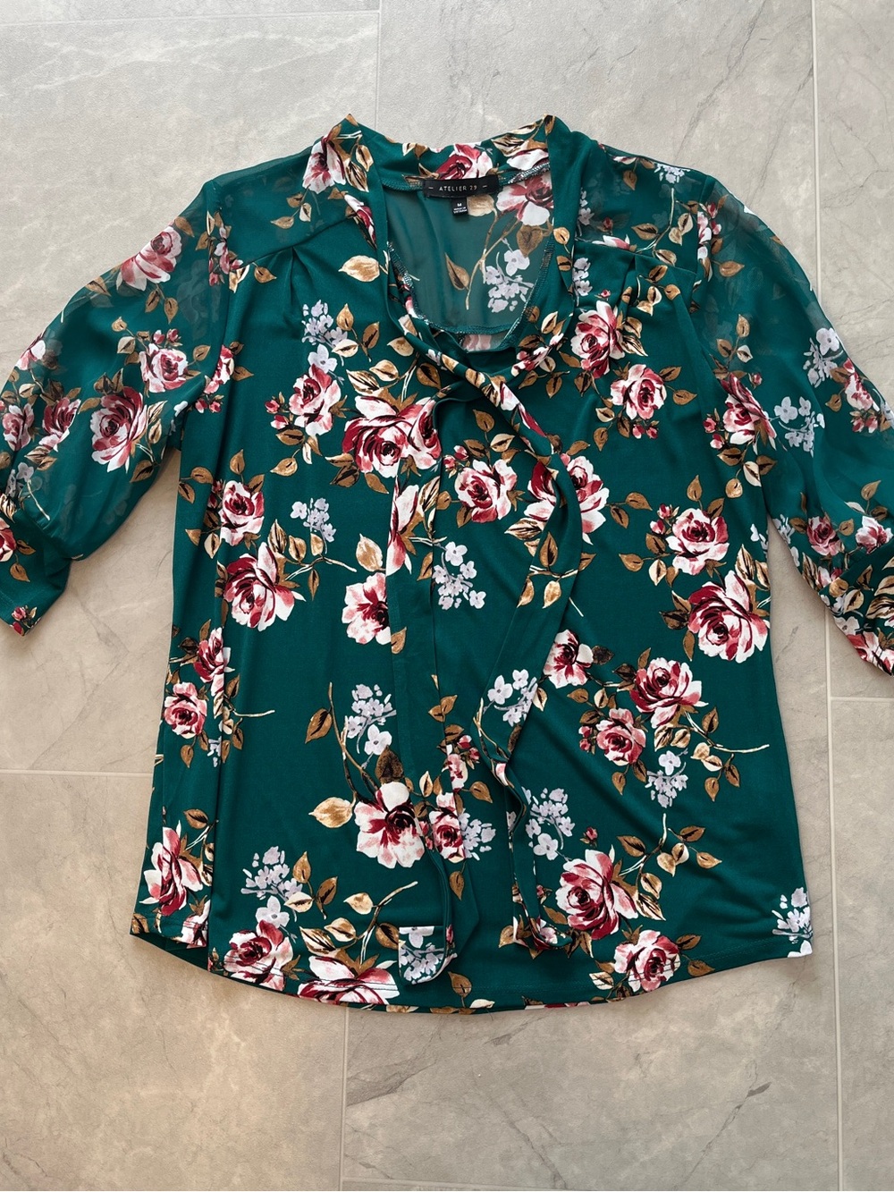 Atelier 29Teal Floral Tie-Neck Blouse women size M Lightweight 3/4 Sleeve